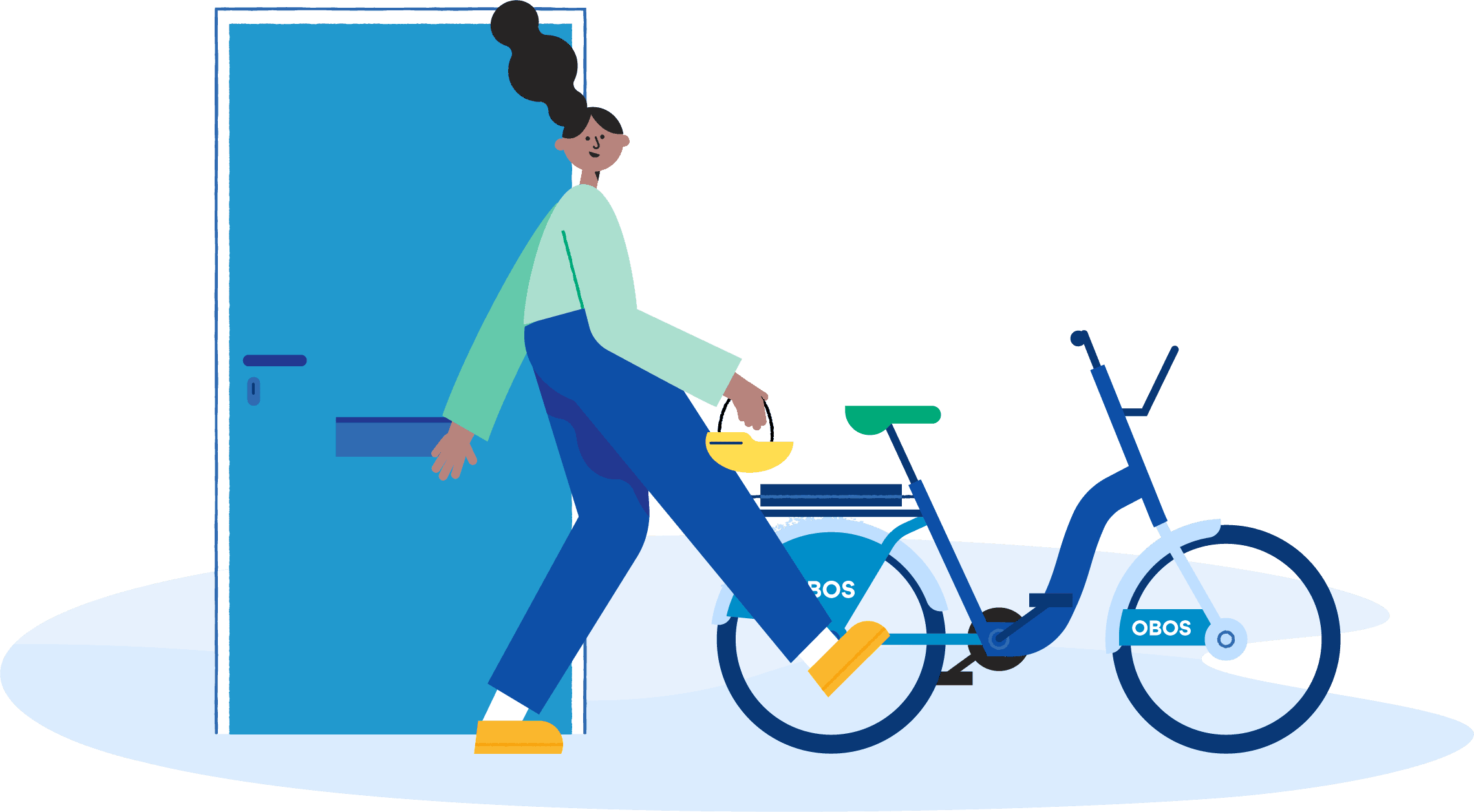 En dame med sykkel. Illustrasjon.